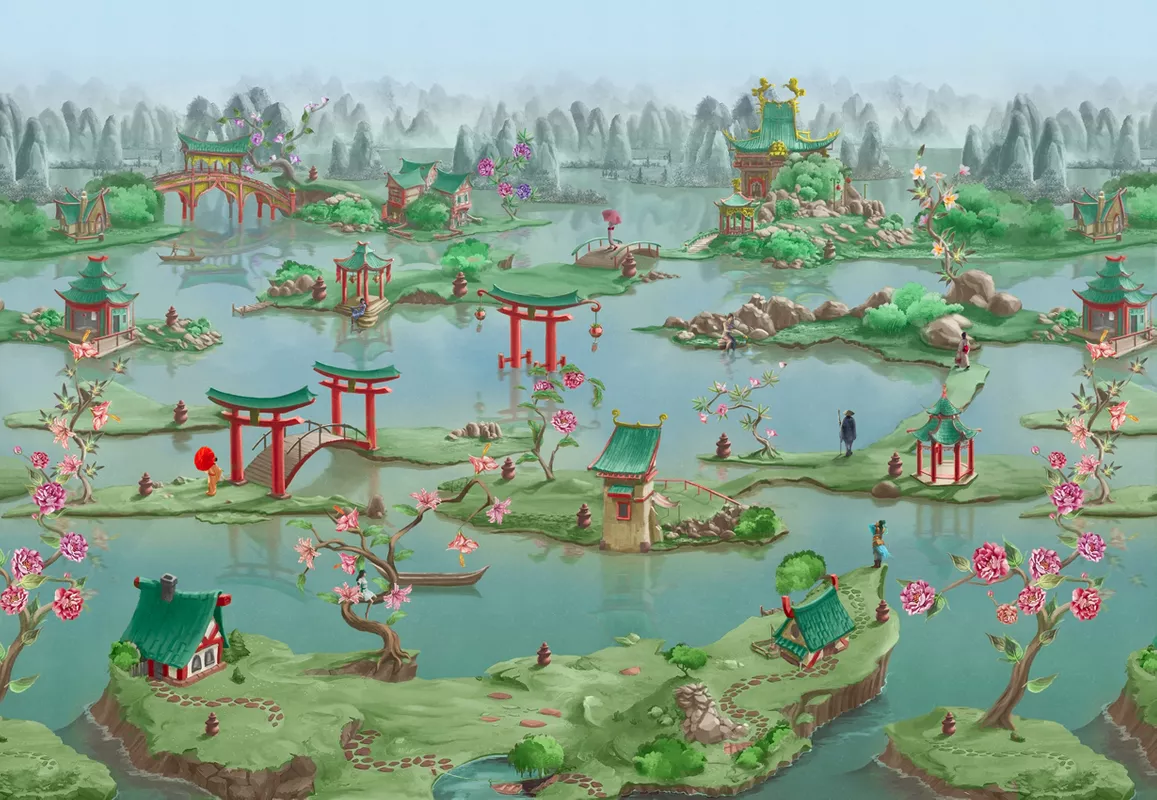 Фотообои и фрески на стену - китайский пейзаж, зеленые, голубые, китайские, китайская пагода