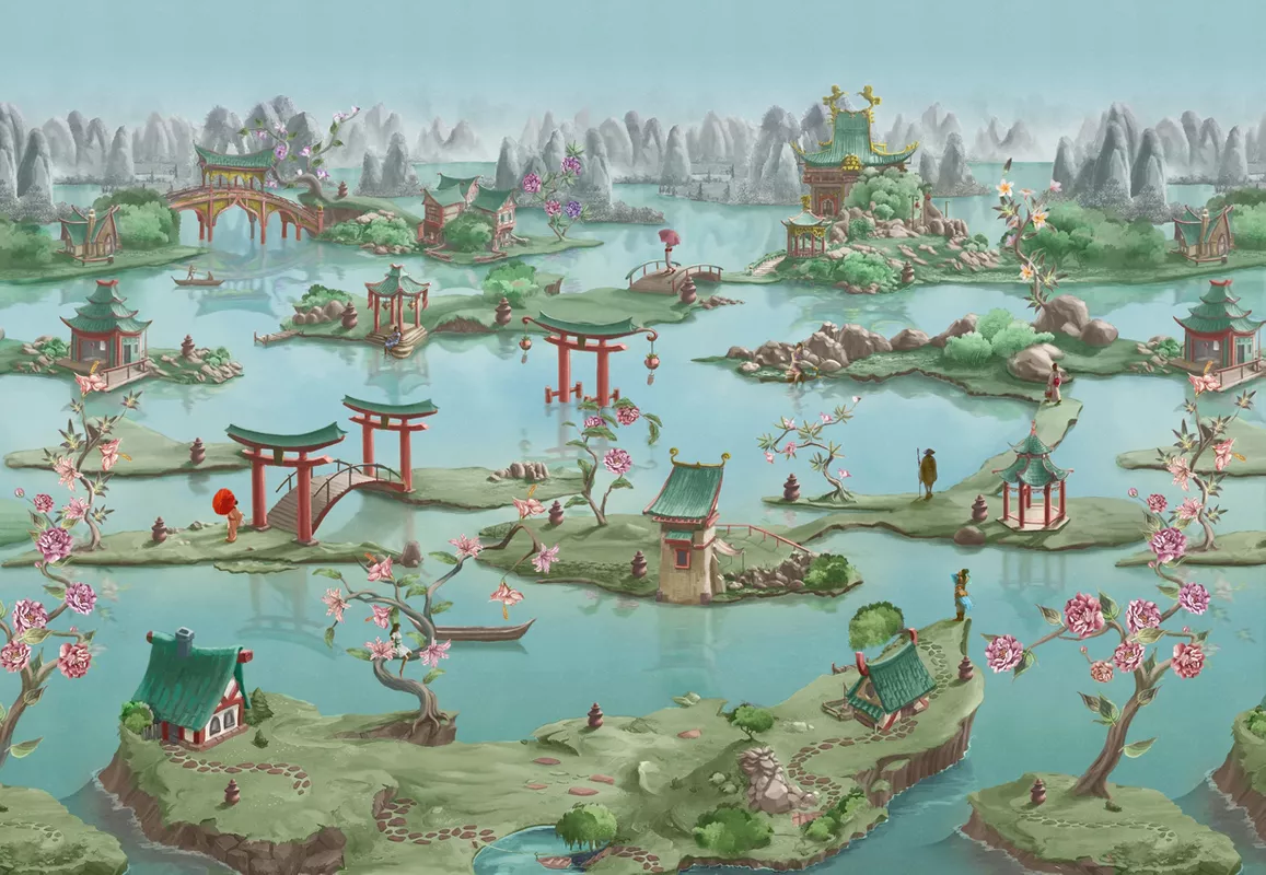 Фотообои и фрески на стену - китайский пейзаж, голубые, зеленые, бирюзовые, китайские, китайская пагода, китайские ворота, китай, китайские мосты, пейзаж