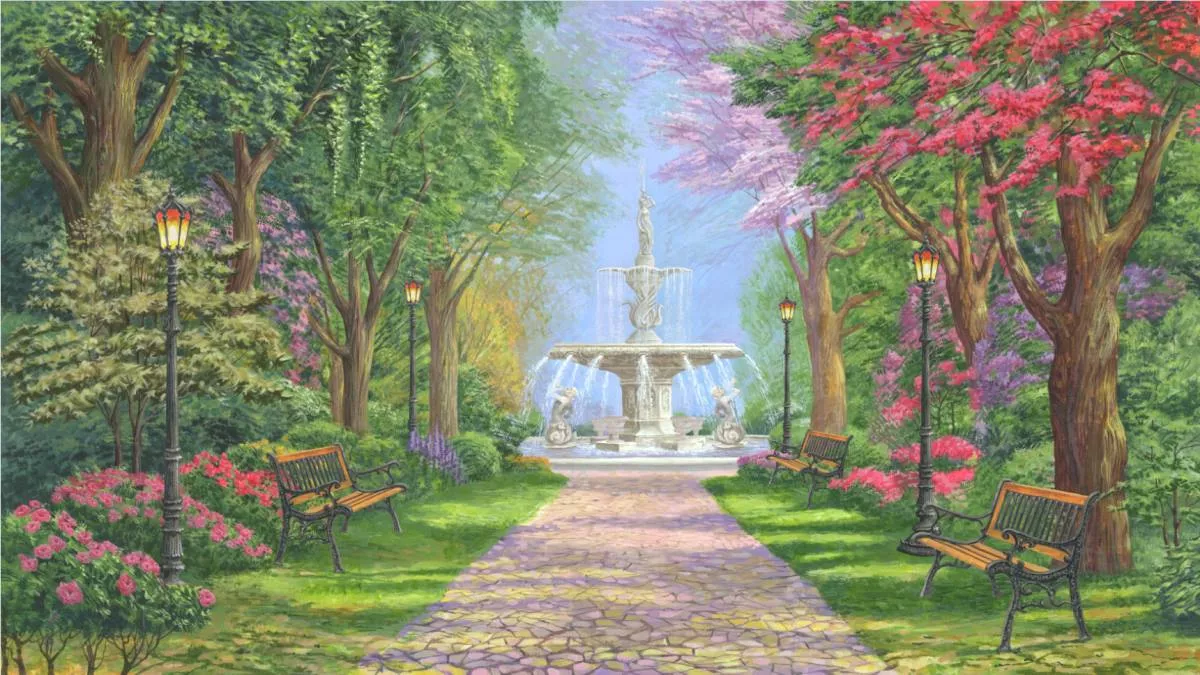 Фотообои и фрески на стену - пейзаж, с фонтаном, парк, сад, деревья, зеленые, цветы, скамьи, голубые, аллея, розовые, природа, фонтан, солнечные, парк с фонтаном
