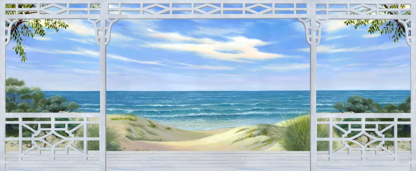 Фотообои и фрески на стену - морские, пейзаж, белые, голубые, песчаный пляж, берег, белый песок, зеленые, горизонт, синие, терраса, выход на море, белые колонны, песочные цвета, ветви, вид на море, морской пейзаж
