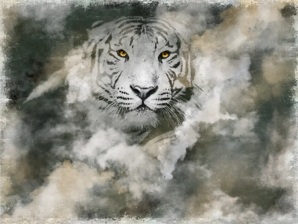Фотообои и фрески на стену - туман, мрамор, белый тигр, акварель, животные, тигр, светлый, современный