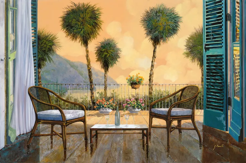 Фотообои и фрески на стену - пейзаж, африка, столик, пальмы, балкончик