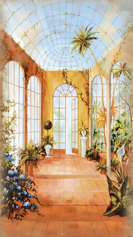 Фотообои и фрески на стену - голубые, бежевые, коричневые, оранжевые, растения, пальмы, теплица, оранжерея, расширяющие пространство, цветы, деревья