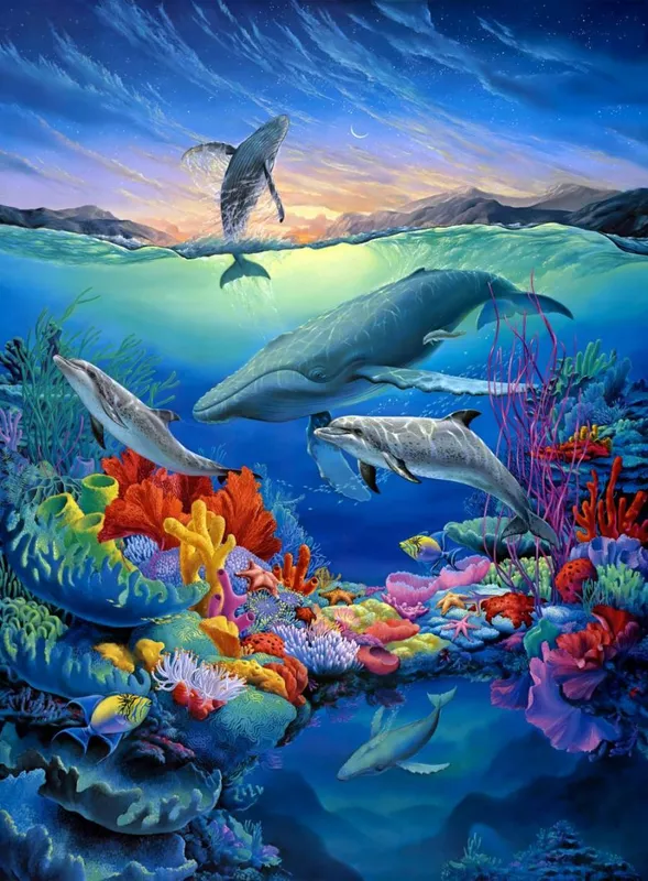 Фотообои и фрески на стену - в детскую комнату, пейзаж, природа, морской, месяц, вода, кораллы, под водой, рыбы, синие, небо, розовые, киты, море, морская звезда, желтые, зеленые, голубые, океан, рыбки, рыба, рыбка, водоросли, красные, дельфины, горы, подводный мир, подводный мир на стену 
