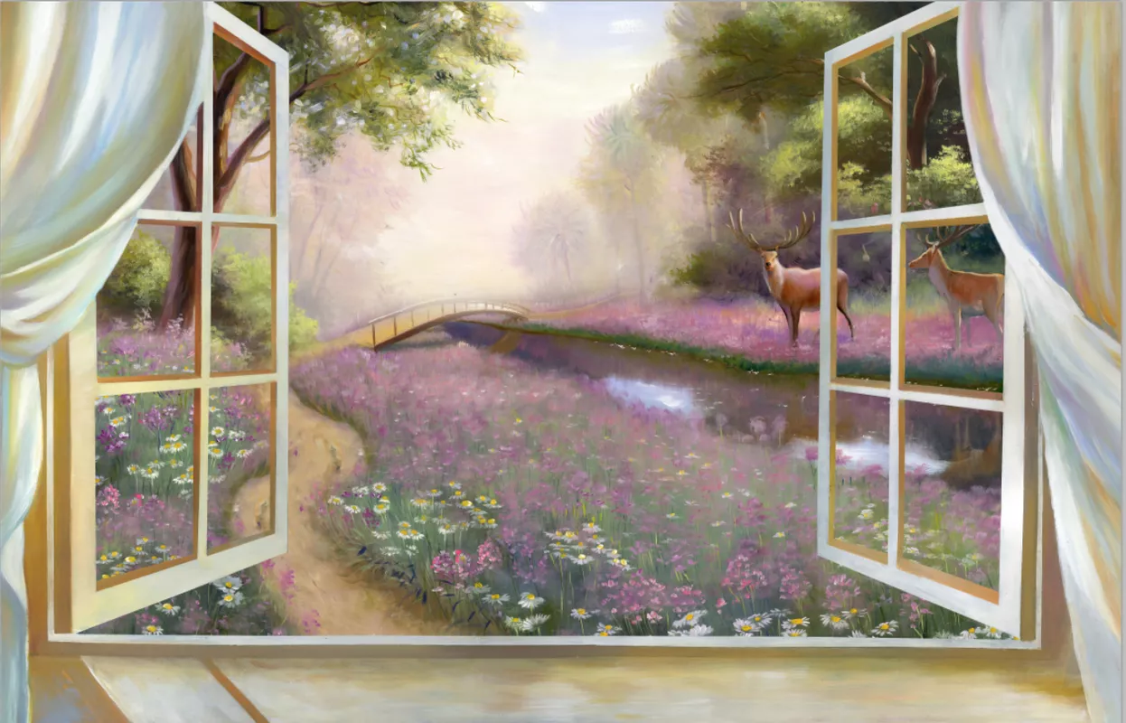 Фотообои и фрески на стену - вид из окна, сиреневые, цветы, лес, туман, мост, олени, ромашки, распахнутое окно, пейзаж, поле с цветами