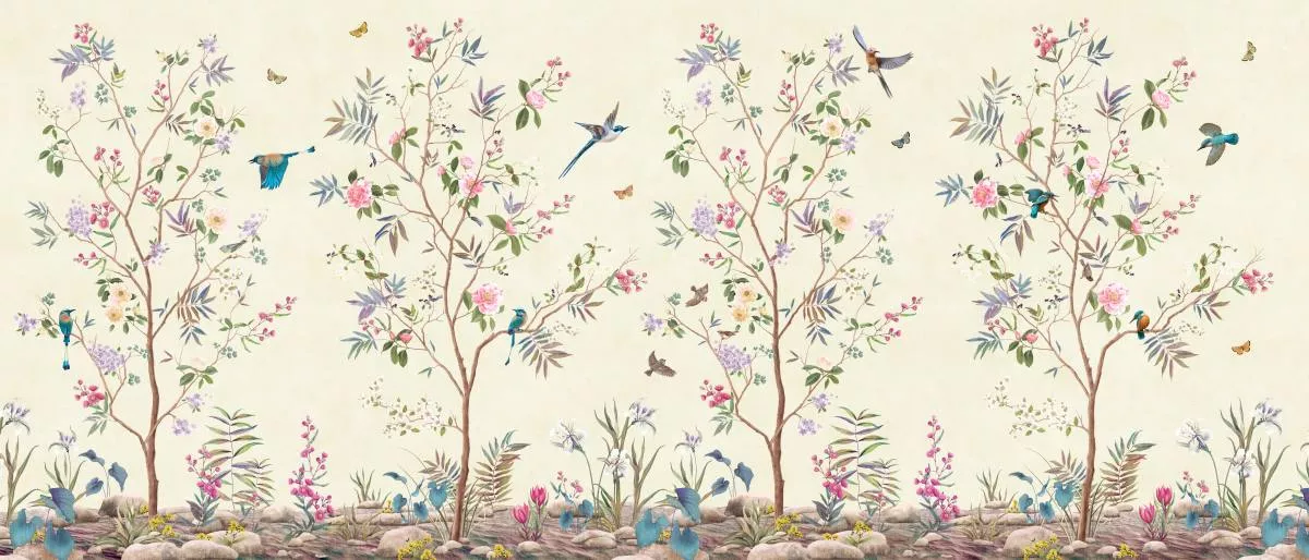 Фотообои и фрески на стену - бабочки, цветы, разноцветные, шинуазри, птицы