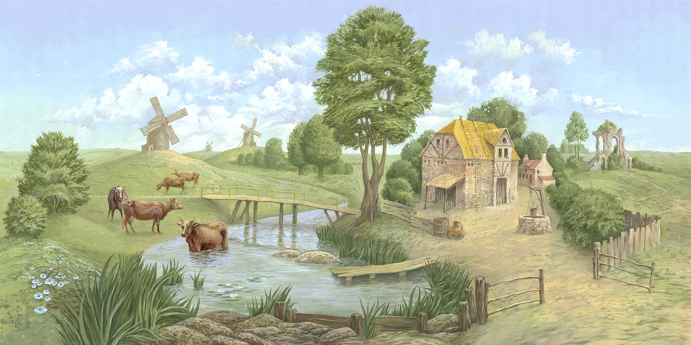 Фотообои и фрески на стену - деревенский пейзаж, зеленые, ферма, природа, коровы, река, мост, мельницы, деревья, пейзаж, сельский вид, сельская природа