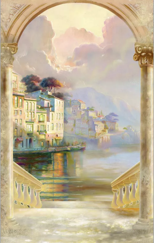Фотообои и фрески на стену - классика, арки, в нежных тонах, деревья, арка, белые, розоватые, желтоватые, вид на море, колонны, город, дома, розовые, спуск на воду, Венеция, город на воде, живопись, живописные облака
