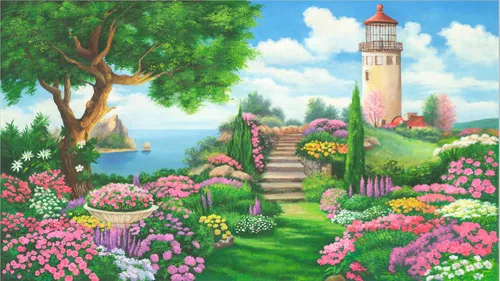 пейзаж, разноцветные, яркие, цветы, зеленые, каменная лестница, розовые, растения, дерево, сад, деревья, маяк, море, с каменной лестницей, с маяком, берег моря, клумбы с цветами