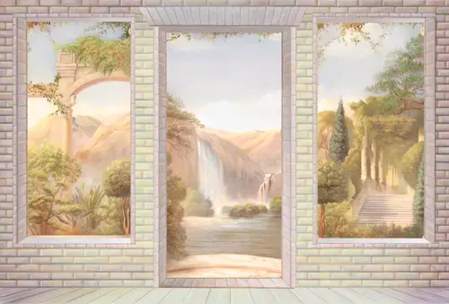небо, арка, лестница, растения, водопад, город, камни, природа, дома, узоры, цветы