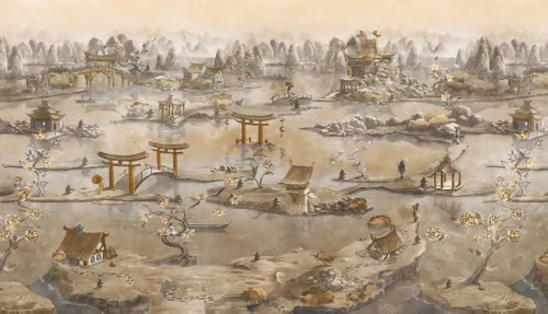 китайский пейзаж, коричневые, бежевые, серые, сепия, китайские, китайская пагода, китайские ворота, китай, мосты