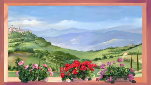 холмы, цветы на окне, красные цветы, пейзаж, природа, зеленые, голубые, долина, горы, деревья, цветы, лес, вид из окна, розовые цветы, рамка, пейзаж в рамке