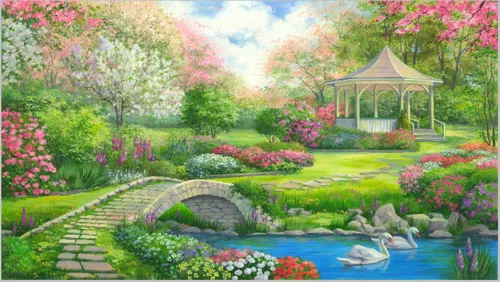 пейзаж, сад, беседка, зеленые, яркие, с мостом, с рекой, красочные, природа, с беседкой, цветы, сады, лебеди, река, пруд, с лебедями, деревья, водоемы, белые, озеро, каменный мост, розовые, синие, зелень