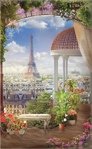 небо, растения, цветы, франция, розовые, облака, париж, красные, город, зеленые, эйфелева башня, балкон, мак, вид на город