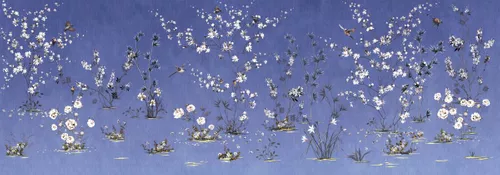 шинуазри, цветы, синие, фиолетовые, белые цветы, кусты, на фиолетовом фоне, узкие