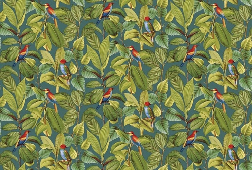 в загородный дом, листья, птицы, ярко зеленые, на бирюзовом фоне