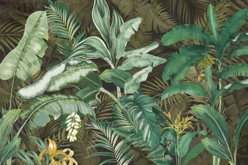 в загородный дом, листья, тропические, ярко зеленые, на темно зеленом фоне