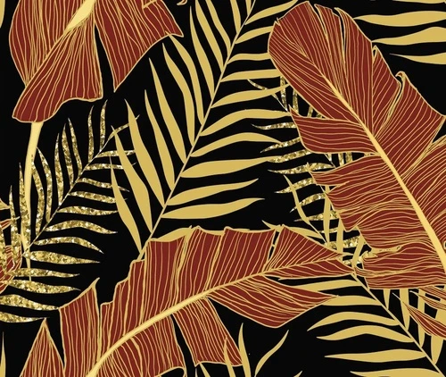 в загородный дом, листья, тропические, красно-желтые, золотые, на черном фоне