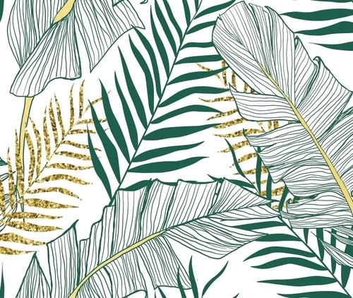 в загородный дом, листья, тропические, бело-зеленая, с золотом, на белом фоне