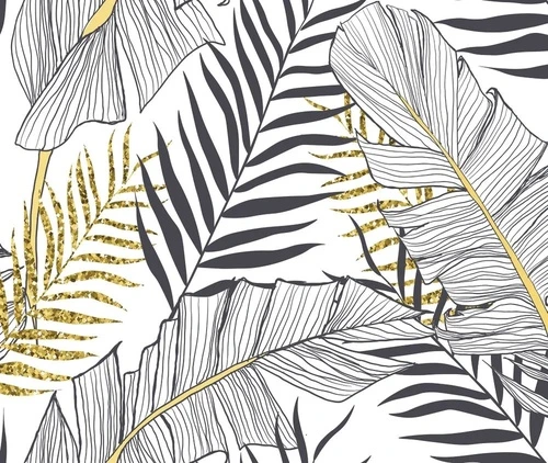 в загородный дом, листья, тропические, черно-белые, золотые, на белом фоне