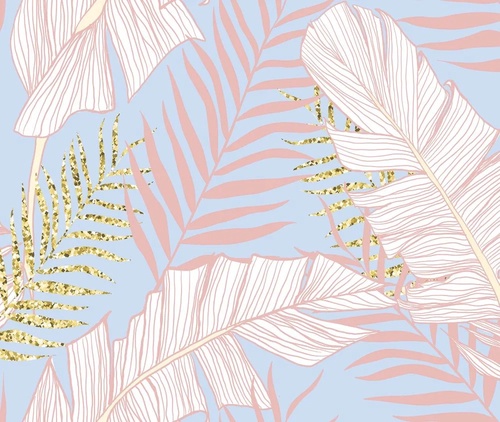 в загородный дом, листья, тропические, розово-голубая, белые