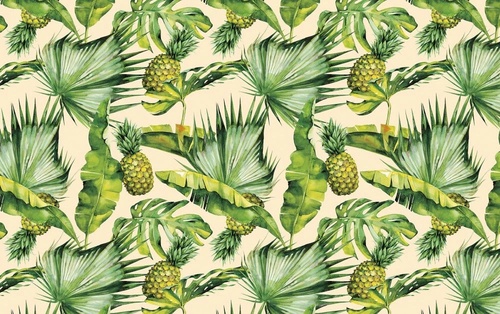 в загородный дом, листья, тропические, ананасы, на желтом фоне