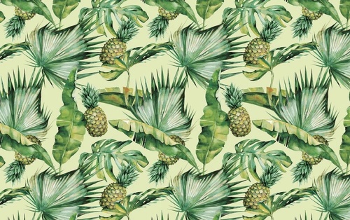 в загородный дом, листья, тропические, ананасы, на салатовом фоне