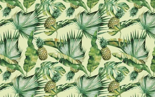 в загородный дом, листья, тропические, ананасы, на салатовом фоне