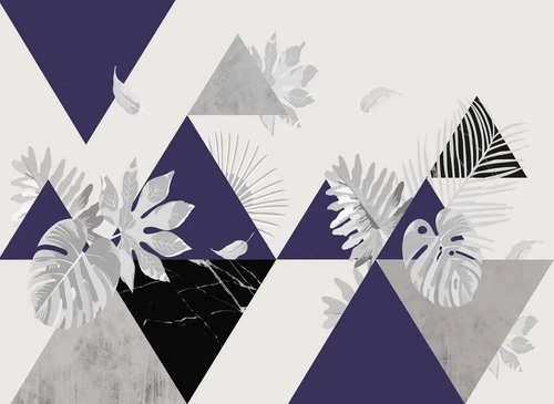 геометрия, сине-белая, листья тропические, серые