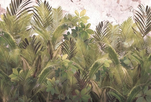 в загородный дом, тропические листья, бежево-зеленые