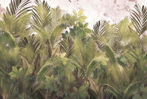 в загородный дом, тропические листья, бежево-зеленые