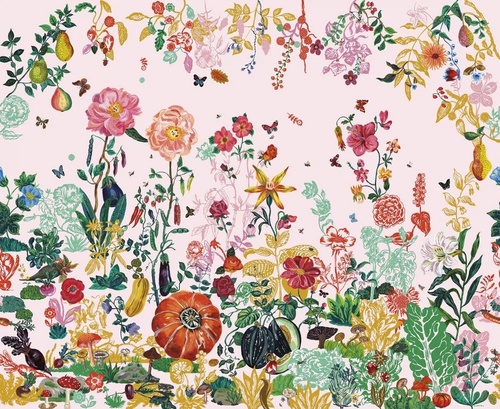 в загородный дом, цветы, листья, на розовом фоне