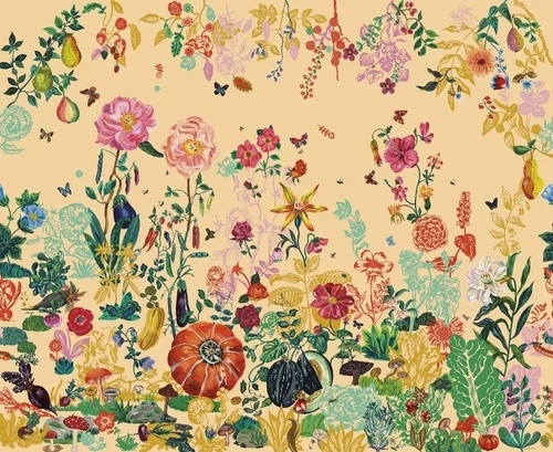 в загородный дом, цветы, листья, на оранжевом фоне