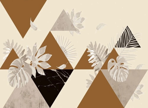 геометрия, коричневая, на бежевом фоне, с листьями