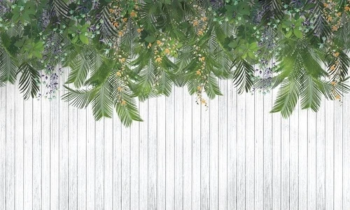 в загородный дом, тропические листья, свисающие, ярко зеленые