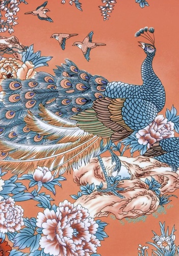 в загородный дом, павлин, синий, на коралловом фоне