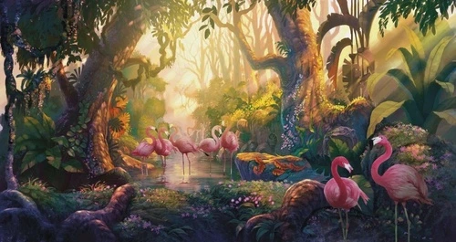 в загородный дом, лес, закат, фламинго