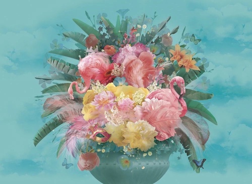 в загородный дом, цветы, желто-розовые, фламинго