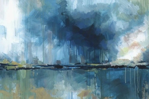 пейзаж, акварель, синяя, яркие