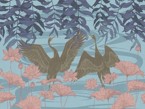 в ванную комнату, журавли, синий