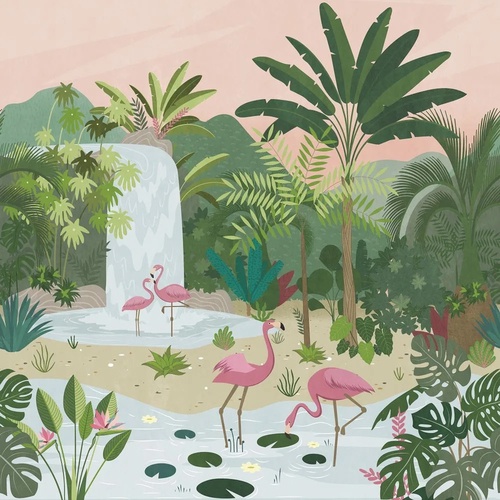 в ванную комнату, фламинго, пальмы, поп-арт, зеленая, розово-зеленая