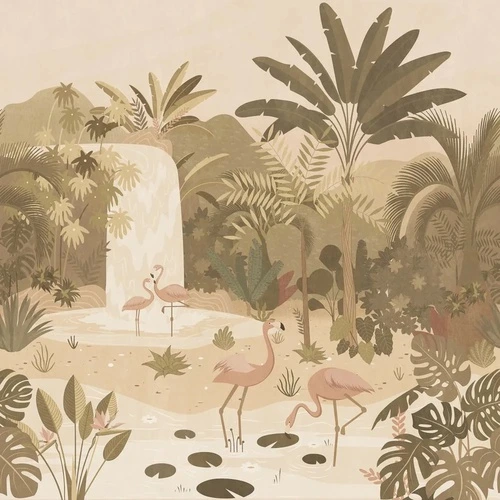 в ванную комнату, фламинго, пальмы, бежевые