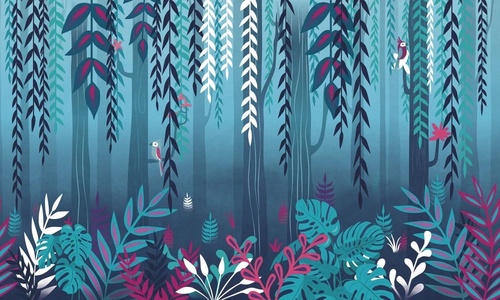 в ванную комнату, тропики, лианы, синие