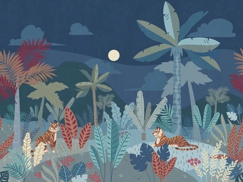 в детскую комнату, пальмы, тигры, ярко синие