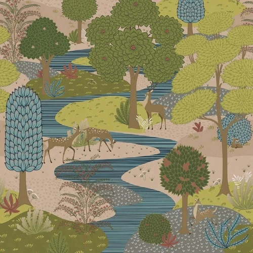 в детскую комнату, олени, лес, речка, зеленая