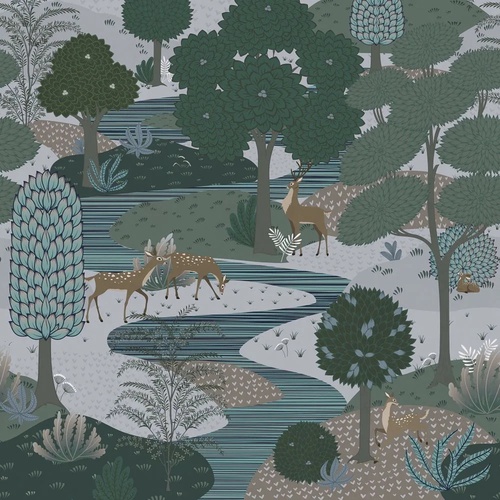 в детскую комнату, лес, речка, олени, синий
