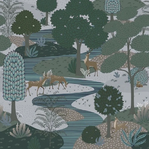 в детскую комнату, лес, речка, олени, синий