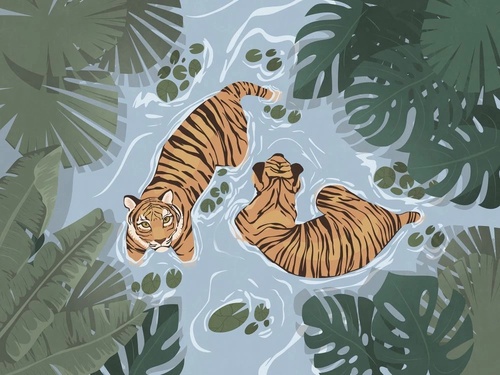 в детскую комнату, тигры, купаются, голубая вода, тигры купаются