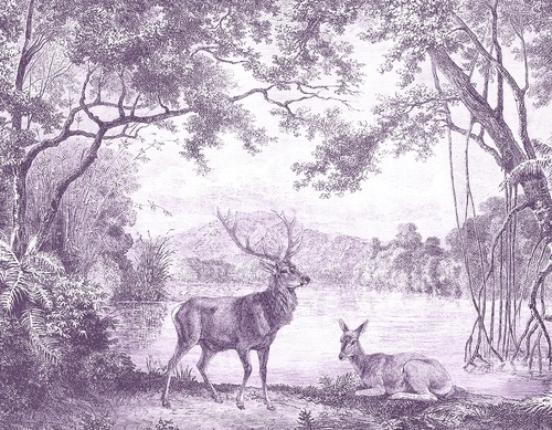 обои гравюра, лес, пейзаж, олени, река