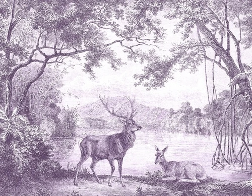 обои гравюра, лес, пейзаж, олени, река, фиолетовые обои лес